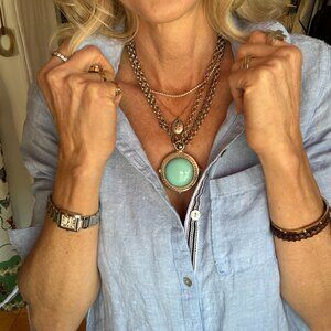 Chico's large 2" round faux turquoise pendant necklace gold tone chain 2 lengths